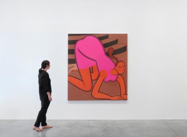 three large paintings by Grace Weaver in a white gallery with one person looking at them