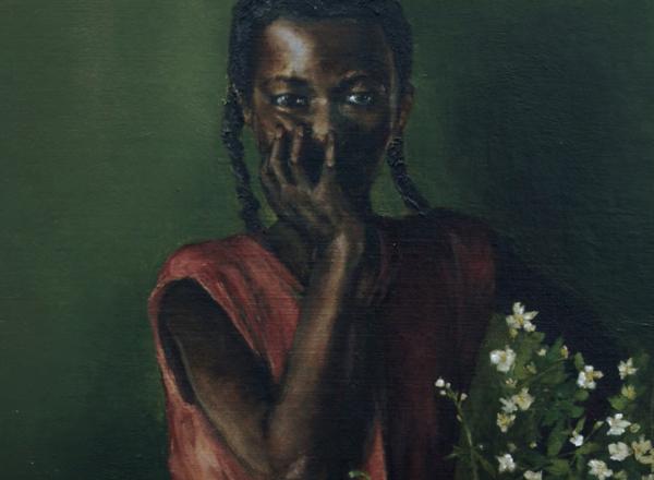 African American Female Portrait, Hand on face beside flowers, green background