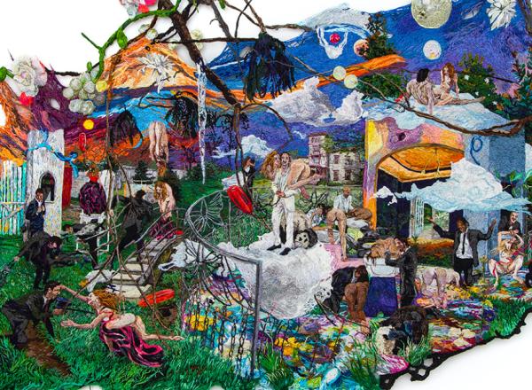 Sophia Narrett embroidered painting of a fantastical scene