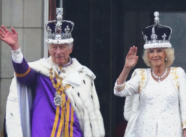 King Charles III and Camilla Waving from Buckingham Palace Balcony