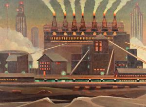 Olin Travis (1888-1975) Entrance to Chicago - Evening, 1961, oil on masonite 23.74” x 35.75"