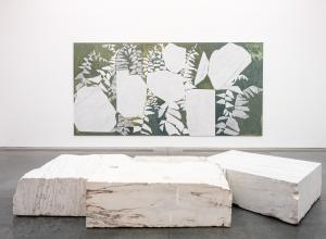 Installation view of Sam Moyer: Ferns Teeth at the Parrish Art Museum, Water Mill, New York (June 30–September 29, 2024). Sam Moyer, Fern Friend Grief Growth, 2024.