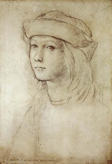 sketched self-portrait of the artist as a boy. He has a young face, long hair, and a folded cap and loose shirt characteristic of Italian dress in this period.
