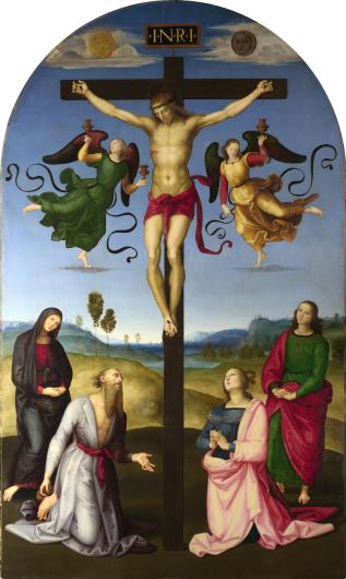crucifixion with several surrounding figures. The stye is more flat that Raphael's eventual work but the emotions of each individual pictured are striking.