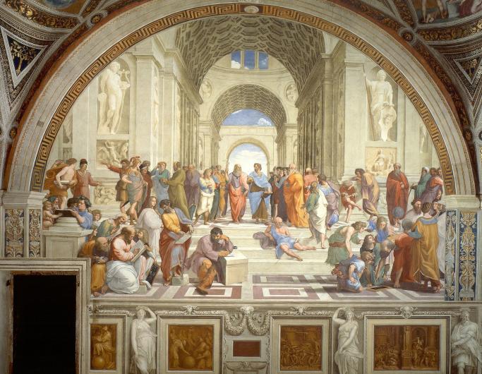 School of athens features icons from ancient rome, mostly philosophers within ancient roman architecture. It is an iconic look at a crowd of significant figures.