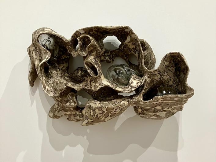 Jes Fan, Cross Section (Right Leg Muscle III), 2023. Polylactic acid (PLA) filaments, fiberglass, resin, pigment, and glass, 19 x 31 x 13 in. (48.26 x 78.74 x 33.02 cm).