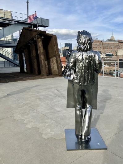Kiyan Williams, Statue of Freedom (Marsha P. Johnson), 2024. Aluminum, Dimensions TBC and Ruins of Empire II or The Earth Swallows the Master’s House, 2024. Earth, steel, and binder, Dimensions TBC.