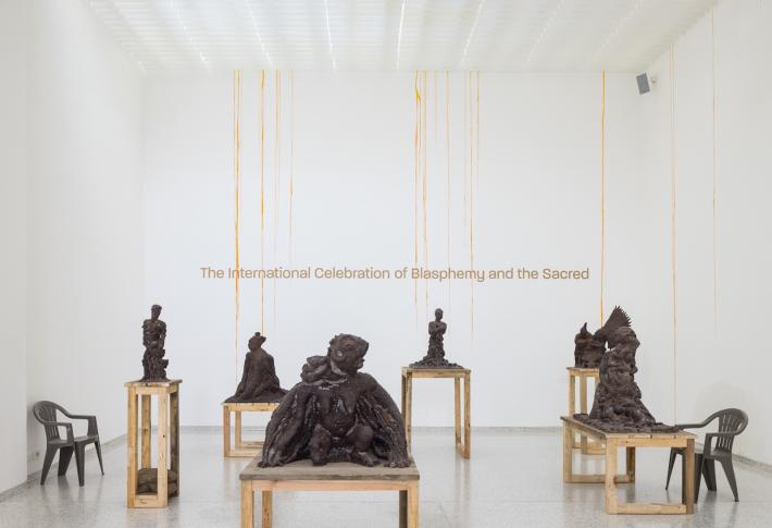 Installation view, Cercle d’Art des Travailleurs de Plantation Congolaise, in collaboration with Renzo Martens, Hicham Khalidi: The International Celebration of Blasphemy and the Sacred, 2024. Pavilion of the Netherlands at La Biennale di Venezia. Photo by Peter Tijhuis.