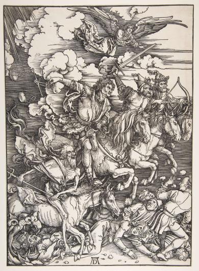Albrecht Dürer, The Four Horsemen, from The Apocalypse, 1498. Woodcut. Sheet: 15 1/4 x 11 7/16 in. (38.8 x 29.1 cm). The Metropolitan Museum of Art, New York, NY.