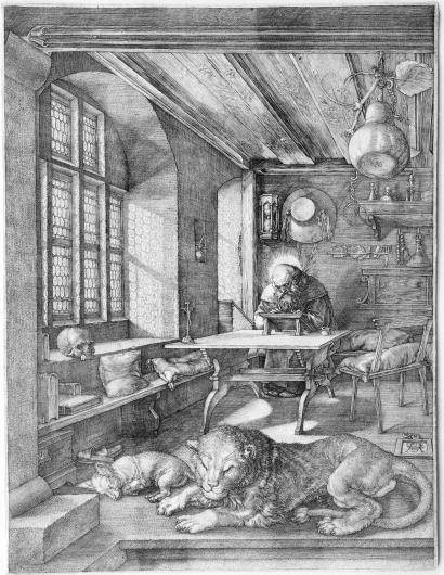Albrecht Dürer, Saint Jerome in His Study, 1514. Engraving. 9 11/16 x 7 7/16 in. (24.6 x 18.9 cm). The Metropolitan Museum, New York, NY.