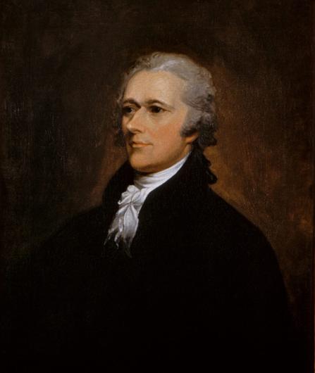 Alexander Hamilton in a dark suit looks off to the left.