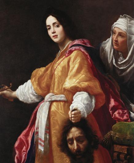 Allori painting of a standing Judith in a golden robe holding the severed head of Holofernes