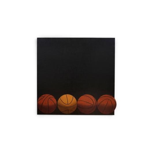 As described below. The painting is displayed against a white gallery wall and the four basketballs are mostly a dark burnt orange/brown color. The second from the left is a bit lighter.