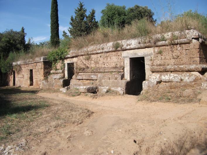 Tumuli placed along a street in the Banditaccia necropolis of Cerveteri, Italy. 2011.