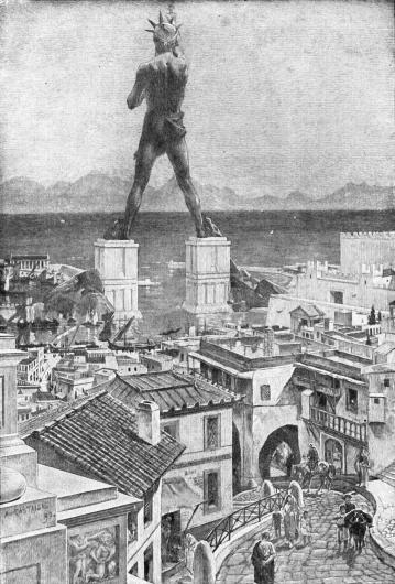 The Colossus of Rhodes as imagined by an artist for the 1911 Grolier Society publication, The Book of Knowledge.
