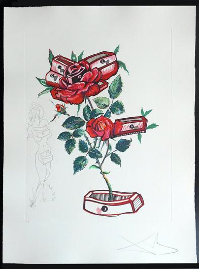 Dalí, Femme aux tiroirs (Woman with Drawers) from the Surrealist Flowers series, 1972. Engraving, photogravure print. 