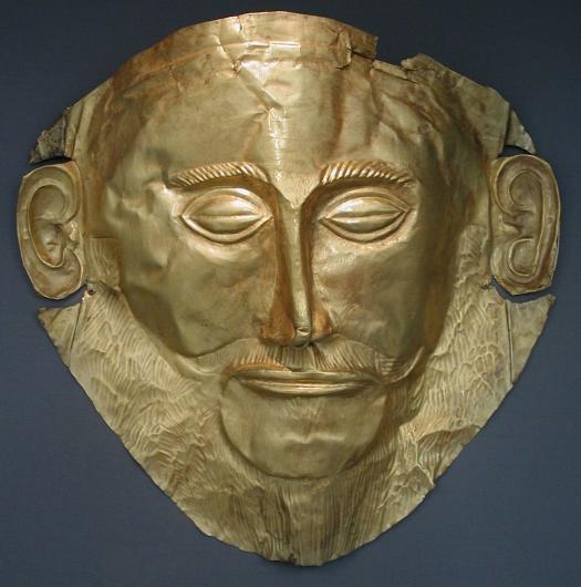 Funeral mask also known as “Agamemnon Mask,” 16th century BC. Gold. National Archeological Museum, Athens. Photo by DieBuch. Wikimedia Commons.