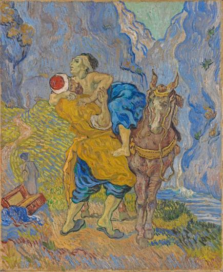 A person falling from a horse, being helped. Painted after delacroix in van gogh's trademark style