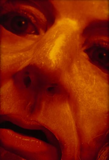 Cindy Sherman close-up photograph of the artist's face wearing a false nose