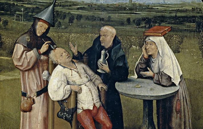 Hieronymus Bosch, Cutting the Stone, c. 1494. Oil on board. 19 in × 14 in. Museo del Prado, Madrid. 