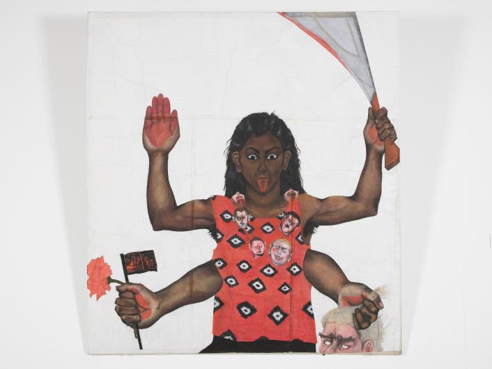 painting of a southeast asian woman in a red patterned shirt with four arms holding a knife in one
