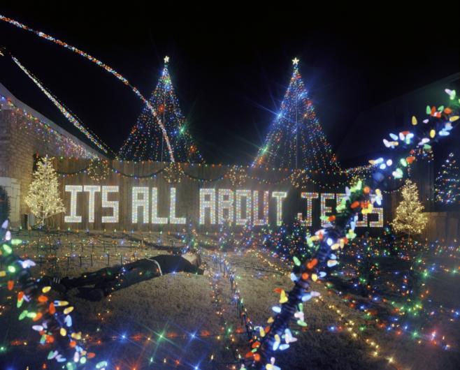 "IT"S ALL ABOUT JESUS" written in christmas lights