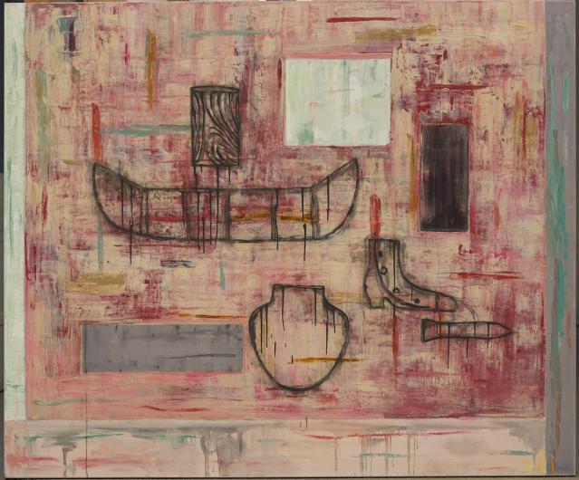 Jaune Quick-to-See Smith, Montana Memories: White Pine, 1989, mixed media on canvas, Dallas Museum of Art, TWO x TWO for AIDS and Art Fund, 2020.15. Courtesy the artist and Garth Greenan Gallery, New York. Image courtesy Dallas Museum of Art.