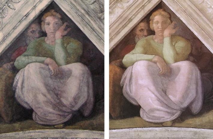figure has eyes in the before image and no eyes in the after image