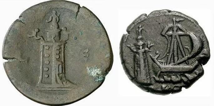 Alexandrian coins minted in 2nd Century AD that feature the Lighthouse. Left shows reverse of a coin of Antoninus Pius, and right shows the reverse of a coin of Commodus).