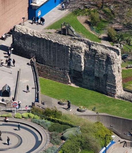 A section of the Roman Wall still standing in modern-day London. Credit: English Heritage.