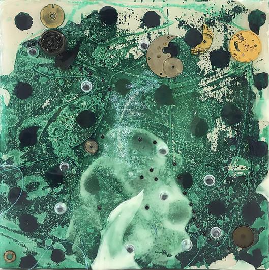Anne Marchand, SHAKTI, 2018. Enamel, thread, acrylic, fabric edge on birch panel. 8 x 8 inches. $1,000.