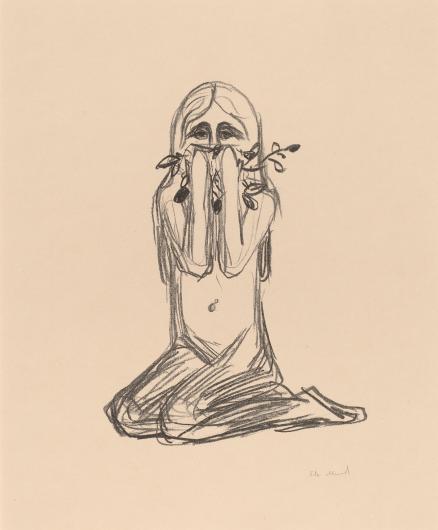 Edvard Munch black line print of a nude woman with long hair kneeling, clutching flowers to her face
