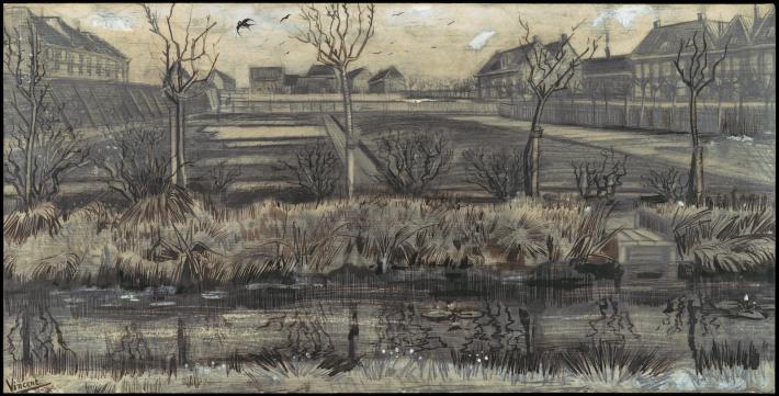 a drawing of a bride over a natural, watery landscape