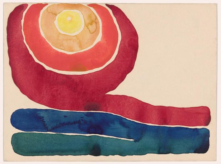 © 2022 GEORGIA O’KEEFFE MUSEUM / ARTISTS RIGHTS SOCIETY (ARS), NEW YORK Georgia O’Keeffe. Evening Star No.III, 1917. Watercolor on paper mounted on board. 8 7/8 x 11 7/8″ (22.7 x 30.4 cm). The Museum of Modern Art, New York. Mr. and Mrs. Donald B. Straus Fund, 1958. 