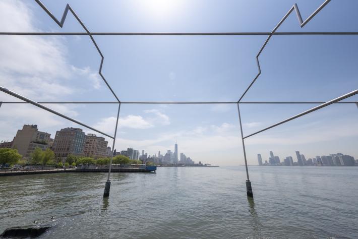 David Hammons, Day’s End, 2014 - 2021. Stainless steel and precast concrete, overall: 52 ft high, 325 ft long, 65 ft wide. © David Hammons. Photograph by Timothy Schenck