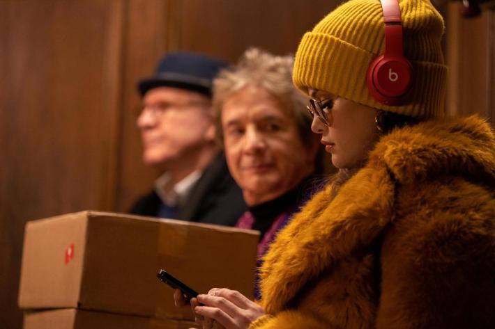 Still from Only Murders In The Building — "True Crime" - Episode 101. Features Mabel (Selena Gomez), Oliver (Martin Short) and Charles (Steve Martin). Photo by: Craig Blankenhorn/Hulu.