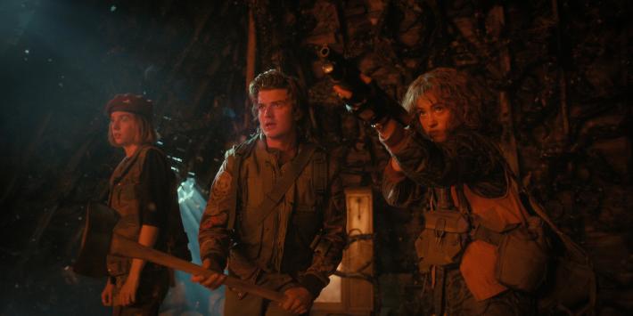 Stranger Things, Episode 9. (L to R) Maya Hawke as Robin Buckley, Joe Keery as Steve Harrington and Natalia Dyer as Nancy Wheeler.