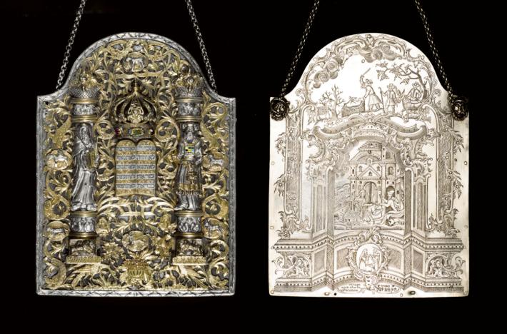 A Highly Important Parcel-gilt Silver And Enamel Torah Shield, Signed And Dated In Hebrew Elimelekh Tzoref Of Stanislav, 1782