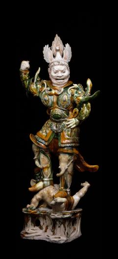 Unknown artist, Lokapala (Heavenly Guardian), early 8th century CE, China, Asia, earthenware with three color (sancai) lead glazes, Dallas Museum of Art, The Eugene and Margaret McDermott Art Fund, Inc., in honor of Ellen and Harry S. Parker III, 1987.360.1.McD.