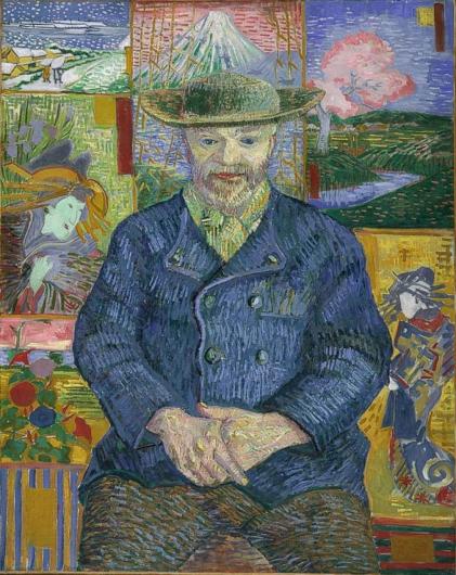 Colorful, straight-on portrait of art dealer with a background of japanese prints, several of which can be matched to their real-life counterparts.