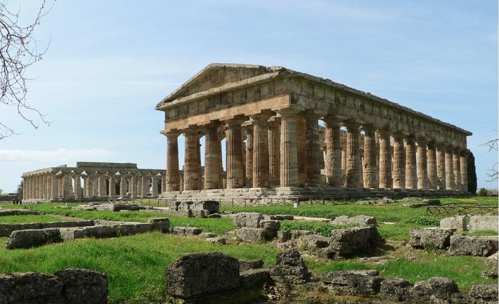 Two of the Doric temples, Temple of Hera I (L) and Temple of Hera II (R), at Paestum. Photographed by Oliver Bonjoch, 2010. License
